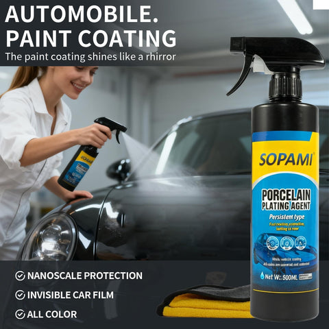 Person using Ceramic Coating Spray Kit Two Pack Dope For Quick Detailing, High Gloss Car Polish And Paint Sealant on black car