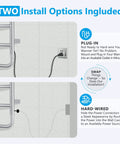 4 Bar Stainless Steel Electric Towel Warmer With Built In Timer Dual Hardwired And Plug In Wall Mount displayed with installation options