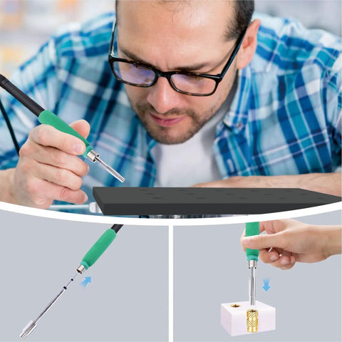 Pro Grade Heat Set Insert Tool For M2 To M5 Threaded Inserts Copper Tip Soldering Accessory being used on plastic