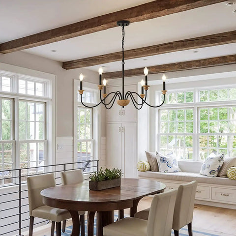 6 Light Wood Chandelier For Dining Room Black Farmhouse Style Modern Light Fixtures Over Table Cool Cozy Rustic Candle Ceiling