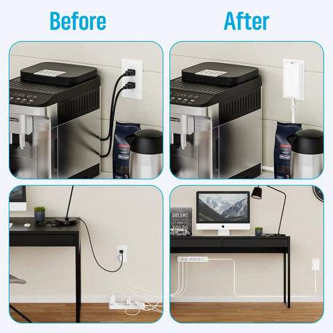 Before and after using Slim Outlet Concealer With Three Foot Power Strip Extension Cord And Five AC Outlets 1875W in home setup.