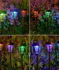 12 Pack Solar Pathway Lights With Cool Color Changing LED Landscape Lighting Waterproof Outdoor Garden Decor Auto On Off With 7 Color Options For Yard Walkway Driveway Patio And Lawn illuminating a garden scene.