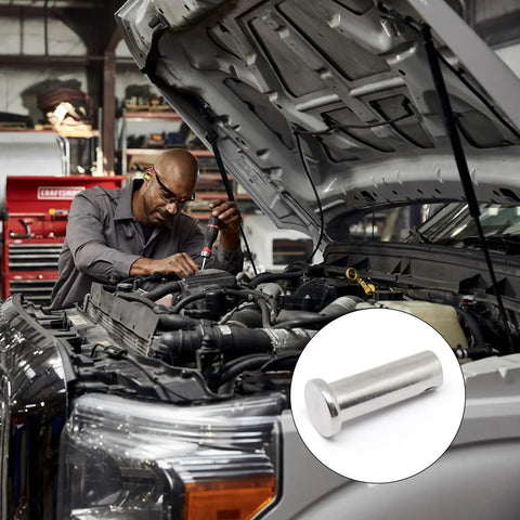 Mechanic working on engine with inset showing 304 Stainless Steel Single Hole Clevis Pins Flat Head Beefy Heavy Duty M12x35mm 10 Pack