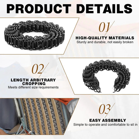 Nine Gauge Zig Zag Upholstery Springs One Roll Forty Nine Foot High Carbon Steel Sinuous Support shown in a product detail layout.