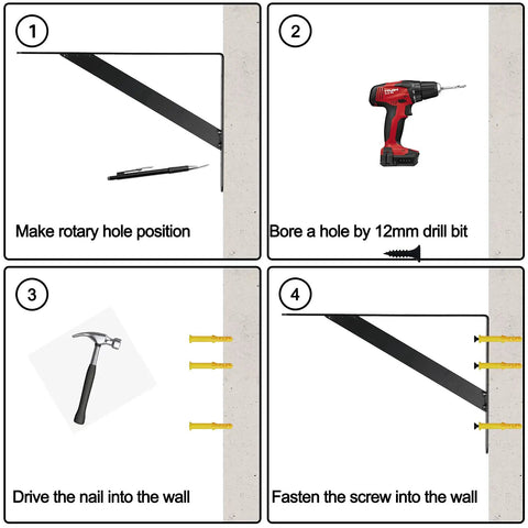 Installation steps for Beefy 20 Inch Heavy Duty Black Countertop Support Brackets For Wall Mounted Shelving And Bar Tops.