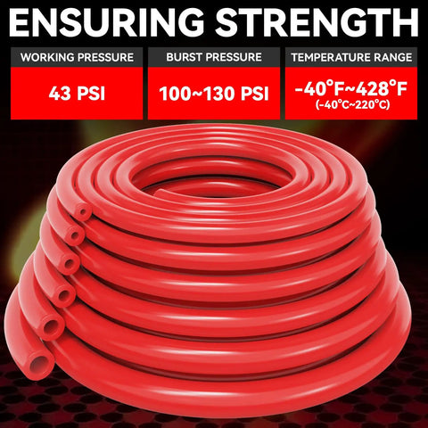 Six Piece Red Silicone Vacuum Hose Kit Covers 1/8 To 3/8 Inch For Cars And Engines Perfect For Your Garage Setup To Fix Water Or Air Lines Smoothly. coiled red silicone hose, 43 PSI, 1/8 to 3/8 inch