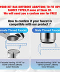 No Sweat Kitchen And Bathroom Sink Water Filter Attachment With Two Spare Cartridges showing female and male faucet compatibility details.