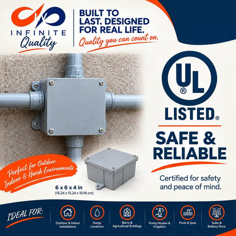 Rock Solid 6X6X4 Inch Pvc Junction Box Gray Nonmetallic Splice With Screw On Cover And Mounting Flanges 144 Cubic Inch Capacity on wall