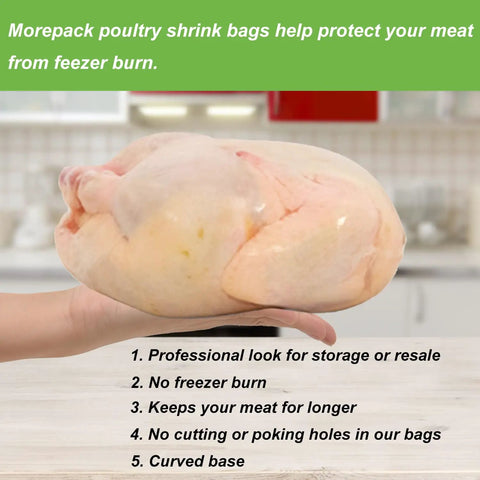 13x18 Inch Poultry Shrink Bags 50 Pack With Zip Ties And Air Straw, heat-shrunk chicken on hand to show freezer burn protection