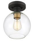 Modern Farmhouse 1 Light Flush Mount Ceiling Light With Clear Glass Globe In Black And Gold Finish for various spaces