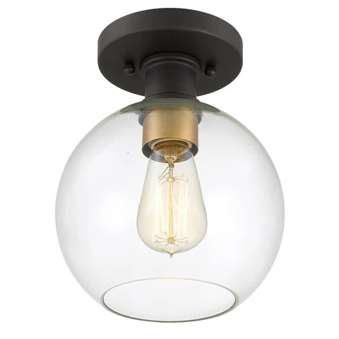 Modern Farmhouse 1 Light Flush Mount Ceiling Light With Clear Glass Globe In Black And Gold Finish for various spaces