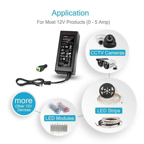 UL Listed 12V 5A Power Supply 60W AC DC Switching Adapter Wall Wart Converter 100-240V Input 50-60Hz For 12V DC 5A Devices applications
