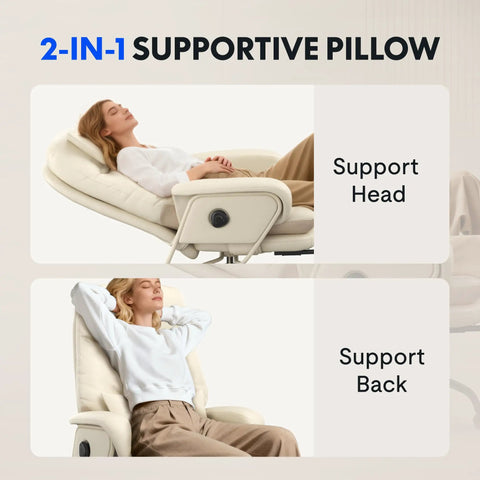 2 In 1 Chaise Lounge Chair With Wheels For Cozy Lounging Leather Recliner Supports Head and Back Beige White HC4