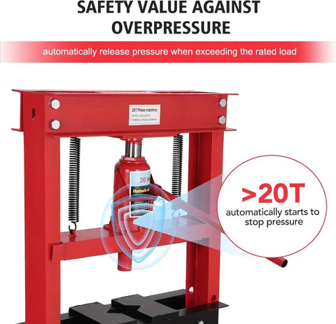 Beefy 20 Ton H Frame Hydraulic Shop Press With Adjustable Table Height For Metalworking And Auto Repair, Heavy Duty Garage Floor Press Tool showing safety valve against overpressure.