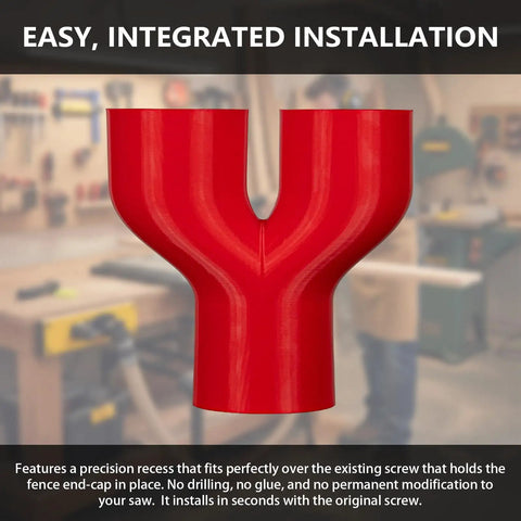 2.5 Inch Shop Vac Y Connector Splitter For Woodworking Tools & Dust Collection Systems in red, showcasing integrated installation features.