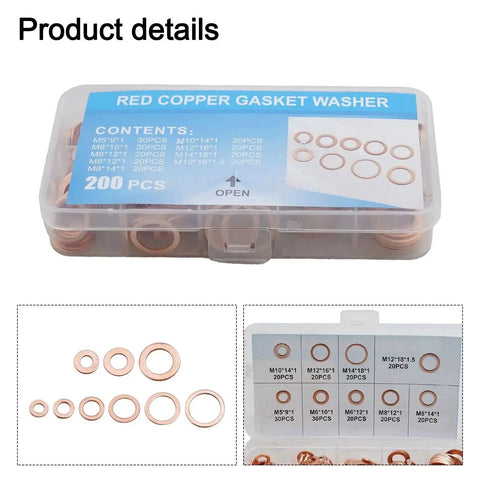Heavy Duty Flat Copper Washers Kit Nuts And Bolts Diesel Injector Seals Fits Marine Industrial Auto Cars Heat Resistant Stuff 200 pcs box