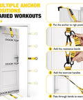 Resistance Bands Set With Handles And Door Anchor for home gym workouts illustration showing setup on door.