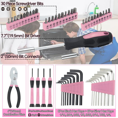 58 Piece Household Tool Set With Pink Plastic Toolbox Case For Everyday Home Repairs And DIY Projects shown with screwdrivers, pliers, and hex keys.