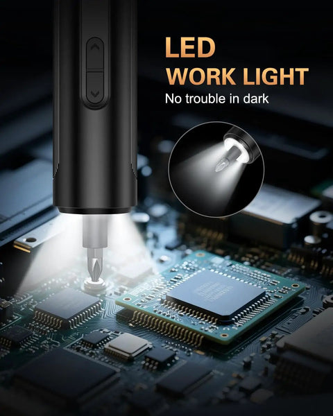 Top Rated 2 In 1 Cordless Electric Screwdriver With Rechargeable Battery And Manual Twist Option For Home Diy Fixes Picture Hanging And Multi Tasking Projects 300Rpm Workhorse with LED work light illuminating a circuit board.