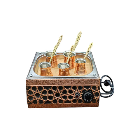 Traditional Copper Turkish Sand Coffee Maker With Pot Set Seljuk Square Design 110 To 230 Volt Heating Sand Machine A Must Have Copper Finish Authentic Classic Kitchen Accessory