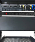 Eight Wide-Spaced Rack Mount Power Strip Surge Protector PDU with right angle outlets installed in server rack
