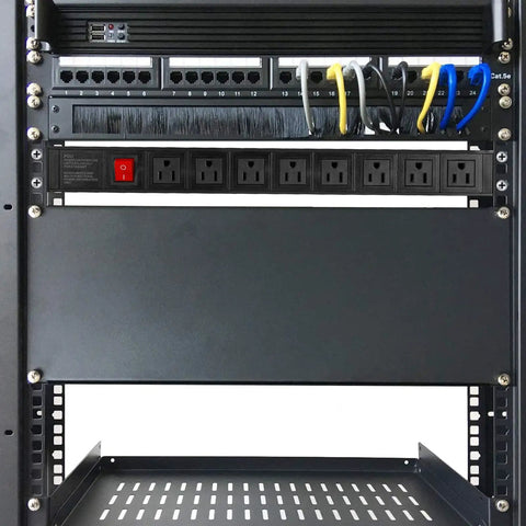Eight Wide-Spaced Rack Mount Power Strip Surge Protector PDU with right angle outlets installed in server rack
