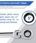 Close-up of Flex Head Ratcheting Wrench Set 12 Piece Metric 8 To 19 mm Cr-V Combination Wrenches with 72 Tooth Ratchet detail.