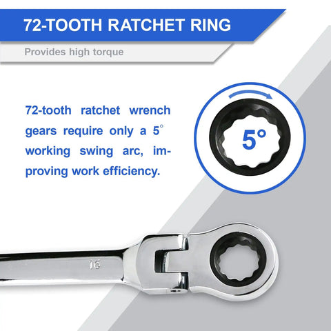 Close-up of Flex Head Ratcheting Wrench Set 12 Piece Metric 8 To 19 mm Cr-V Combination Wrenches with 72 Tooth Ratchet detail.