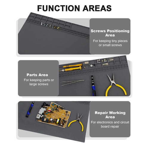Detailed view of Extra Large Soldering Mat with wrist strap and grounding accessories showing screws, parts, and repair areas.