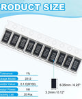 0.1 Ohm 1 Percent Tolerance 1W Surface Mount Chip Resistor Kit 2512 Package, 20 Pack Ceramic Resistors For DIY Electronics Projects And Prototyping For Enthusiasts And Pros, 2512 size