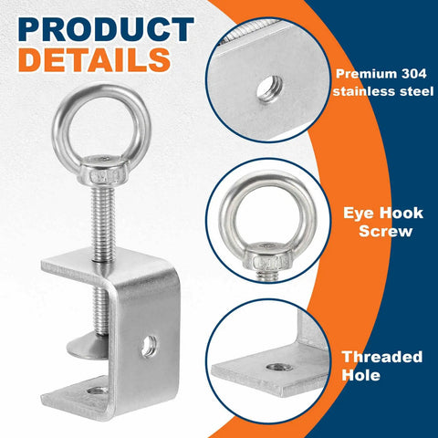 Two Pack 304 Stainless Steel Tiger Clamps, 40mm Square U Clip With Eye Hook Screw, Heavy Duty C Clamp For Woodworking, Welding, Mounting, Adjustable Mini Clamp Set For Secure Holds, 304 stainless steel clamp with eye hook screw and threaded hole