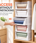 Solid 5 Pack Stackable Plastic Closet Storage Baskets In Crisp White For Slick Home Organization That Maxes Out Vertical Space And Keeps Your Daily Essentials Fresh And Tidy, filled with folded towels.