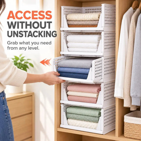 Solid 5 Pack Stackable Plastic Closet Storage Baskets In Crisp White For Slick Home Organization That Maxes Out Vertical Space And Keeps Your Daily Essentials Fresh And Tidy, filled with folded towels.