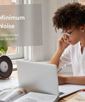 Portable Space Heater With Detachable Hand Warmer on desk, quiet operation under 56.9dB, woman working, compact white heater nearby.
