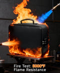 Fireproof Document Box With Lock 5200F Fire Safe File Organizer being tested at 5000°F resistance, showing flames on all sides.