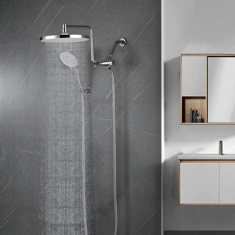 Rain Shower Head With Handheld Combo 10 Inch High Pressure Rainfall Sprayer Set Including Handheld Shower, Holder And Extension Arm in use