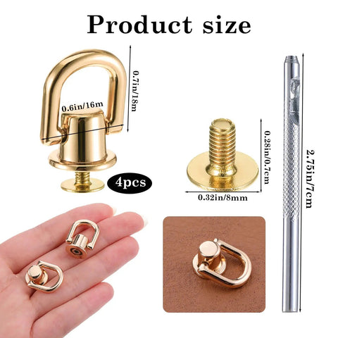 4 Pcs D Rings For Purse Heavy Duty 360 Degree Rotatable Metal Hardware Stud Screw Ball Rivets With Punch Purse Making Supplies Crossbody Conversion Kit Diy Handbag Leather Straps Dog Collar Gold, 0.7in size