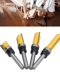 Adjustable Hinge Router Bit Set 4 Piece 1/4 Inch Shank Tungsten Carbide Blade on a woodworking table for precise cuts.