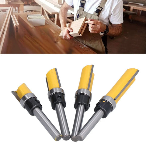 Adjustable Hinge Router Bit Set 4 Piece 1/4 Inch Shank Tungsten Carbide Blade on a woodworking table for precise cuts.