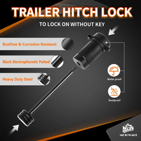 Beefy Heavy Duty Trailer Tongue Coupler Lock With One Quarter Inch Diameter Pin And Three And One Half Inch Span Latch Type Hitch Lock For Trailer RV Car Boat Truck Black 1 Pack shown with waterproof and dustproof features