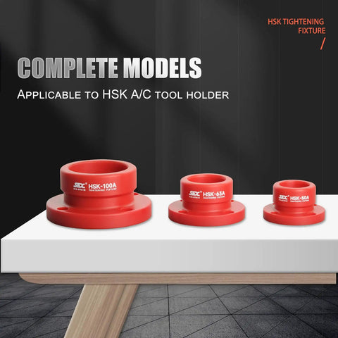 Three red HSK tool holder tightening fixtures displayed on a table, including HSK50A Tool Holder Tightening Fixture For Universal CNC Equipment.