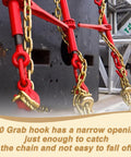 Close-up of Two Pack Binder Chains With Hooks Three Eighths Inch By Twenty Foot Log Chain securing cargo with red hooks