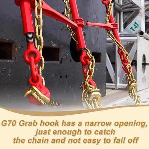 Two Pack Heavy Duty Transport Chain With Three Eighths Inch Clevis Hooks Grade Seventy NACM Standard 70 G70 Chain Ten Feet Long For Cargo Securement And Tie Down in use on metal structure