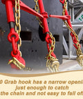 G70 grab hook with narrow opening securing gold zinc coated links of Built Like A Tank 3/8 Inch G80 Transport Binder Chain.