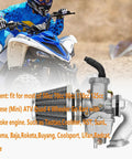 Carburetor Kit For 50cc To 125cc 4 Stroke ATVs with air filter and intake manifold shown alongside ATVs in action, direct replacement.