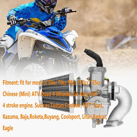 Carburetor Kit For 50cc To 125cc 4 Stroke ATVs with air filter and intake manifold shown alongside ATVs in action, direct replacement.