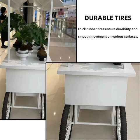 Slick Portable Vendor Cart With Heavy Duty Rubber Wheels And Locking Storage Cabinet For Farmers Markets showcasing durable thick tires and a secure cabinet.