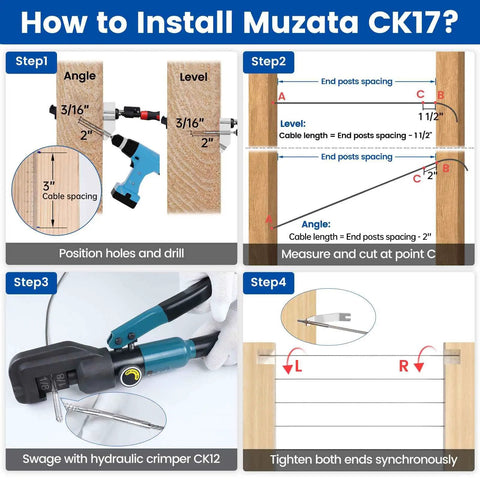 Installation guide for 120 Pack One Eighth Inch Cable Railing Hardware Kit Pro Grade With Swage Lag Screws Left And Right Handed For Wood Posts T316 Stainless Steel Deck Cable Railing System 60 Pairs CK17 showing steps with tools and measurements.