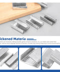 Open Snap-On 5 by 8 Inch Metal Buckle Seals for Strapping, 100 Pcs Serrated Steel Clips on wood surface and close-up views