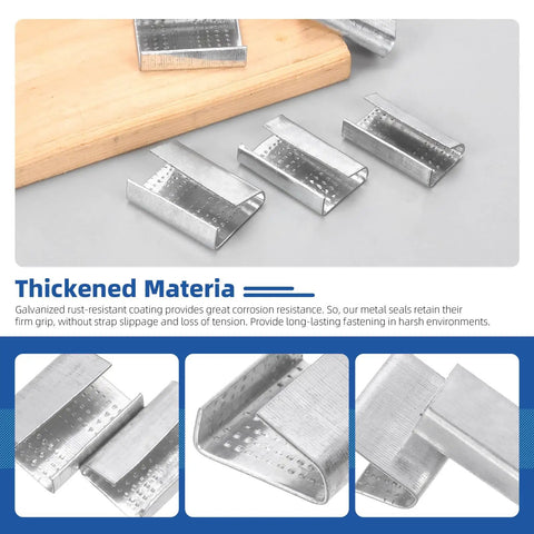 Open Snap-On 5 by 8 Inch Metal Buckle Seals for Strapping, 100 Pcs Serrated Steel Clips on wood surface and close-up views